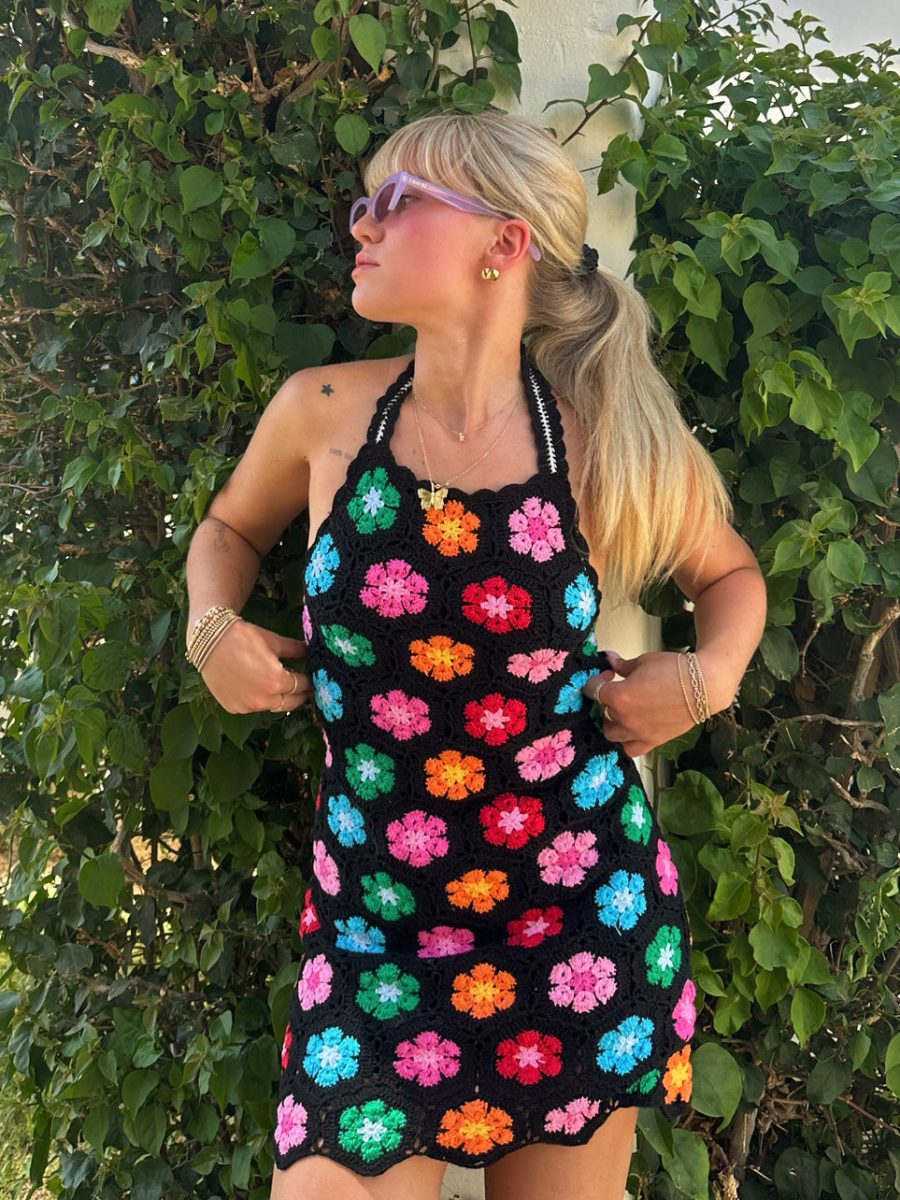 Happy Halter Mini Dress ~ Multi Black Flower Crochet