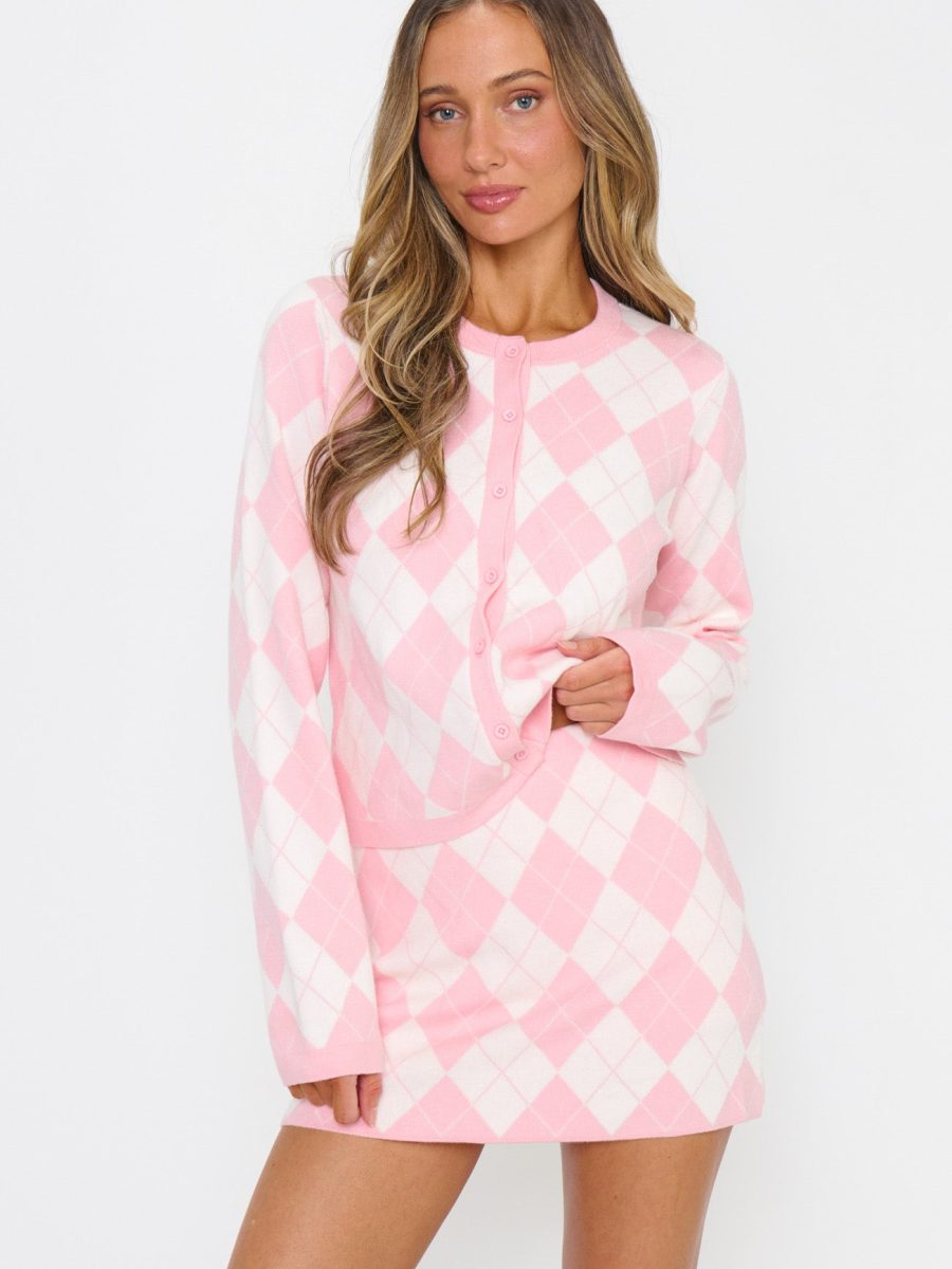 Cher Cardigan ~ Pink Argyle Knit