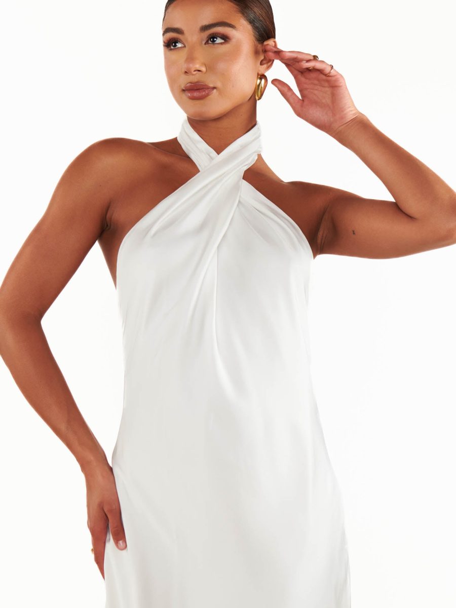 Jasmine Halter Midi Dress ~ Ivory Luxe Satin