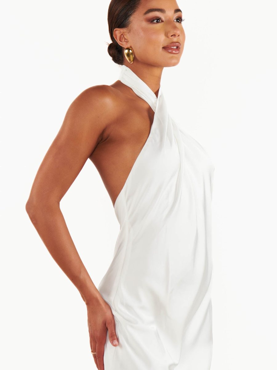 Jasmine Halter Midi Dress ~ Ivory Luxe Satin