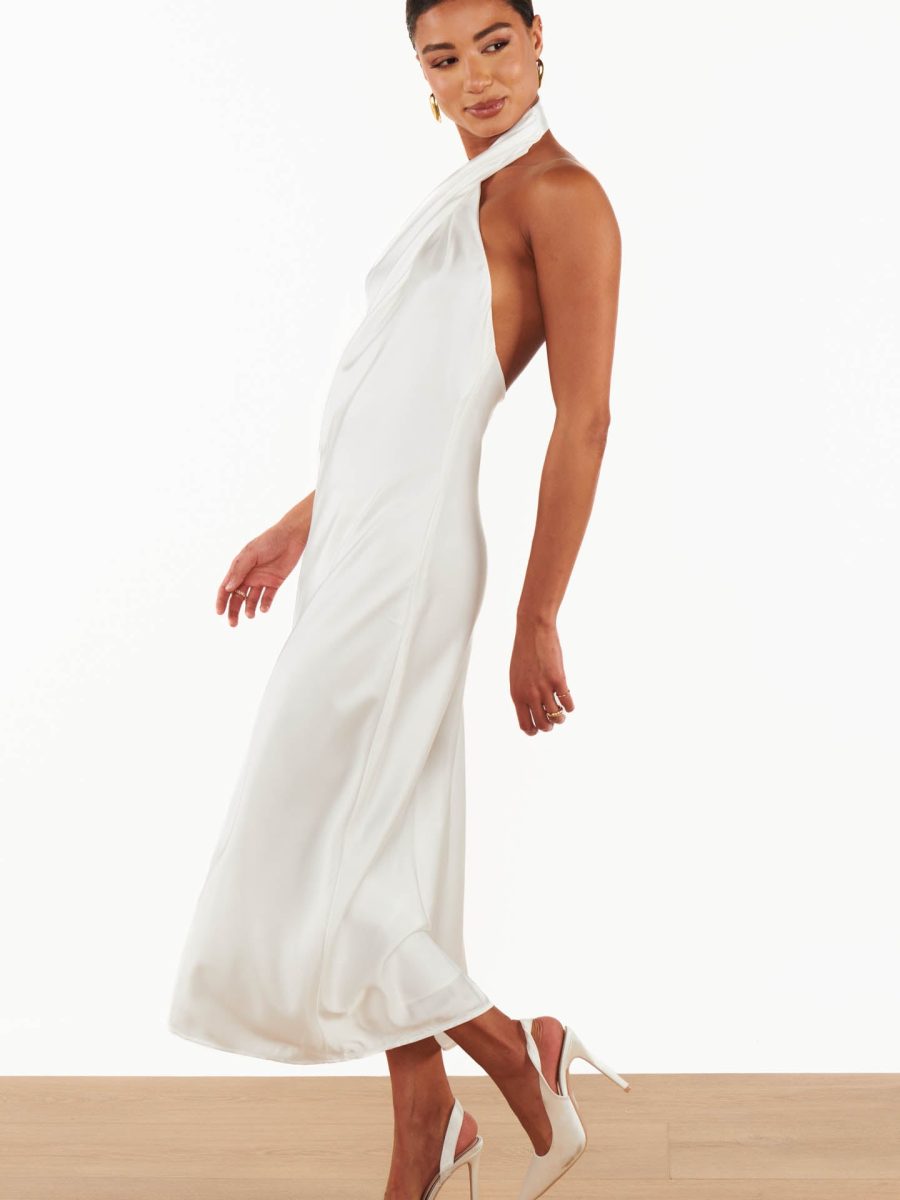 Jasmine Halter Midi Dress ~ Ivory Luxe Satin