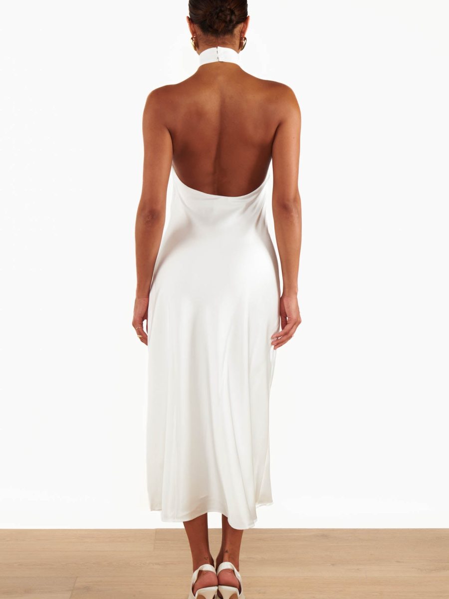 Jasmine Halter Midi Dress ~ Ivory Luxe Satin