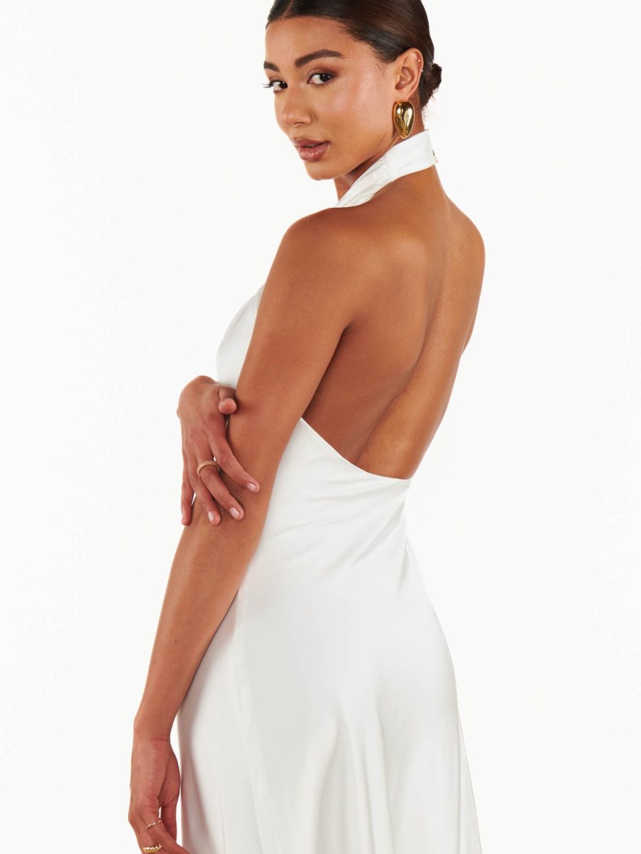 Jasmine Halter Midi Dress ~ Ivory Luxe Satin