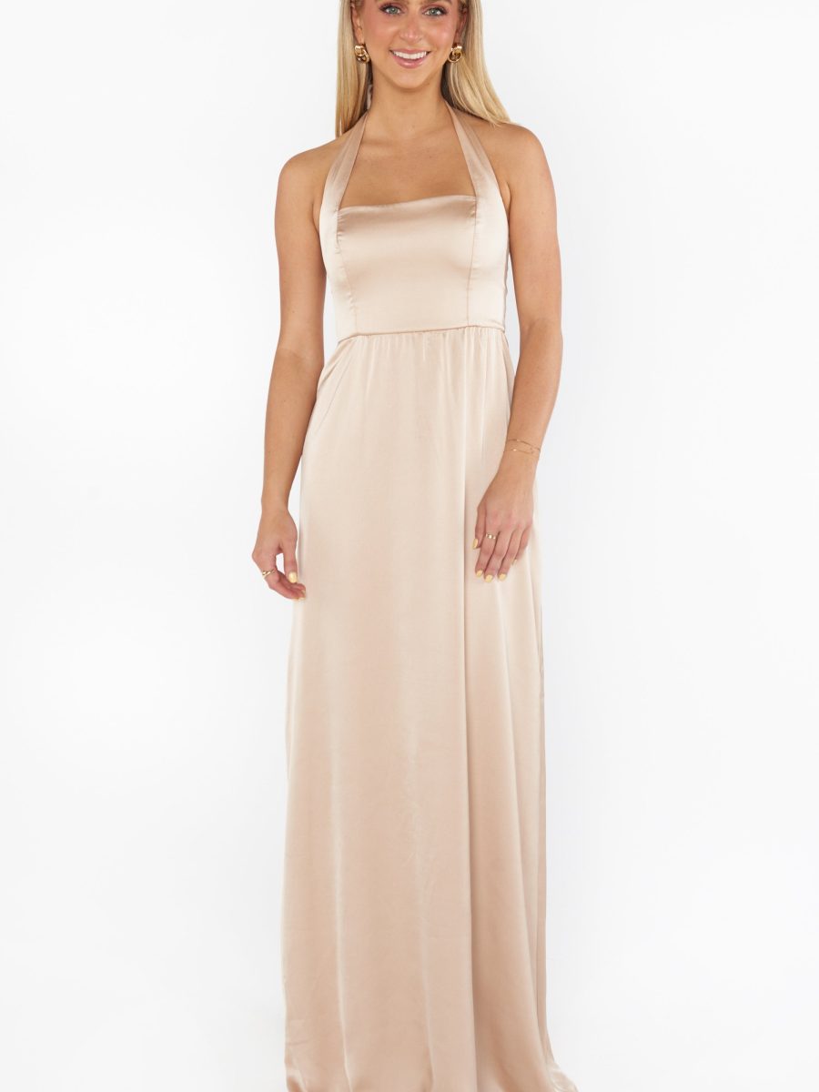 Hazel Halter Maxi Dress ~ Champagne Luxe Satin