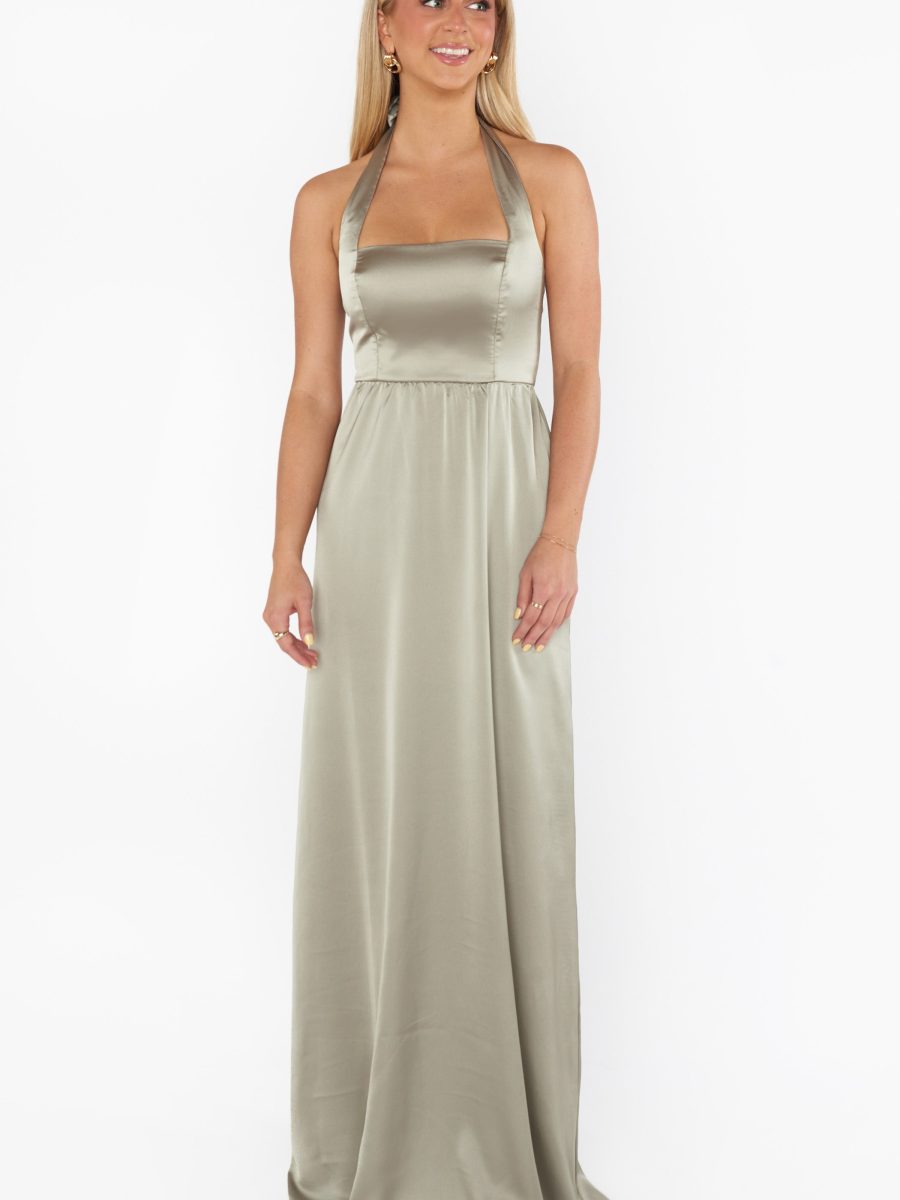 Hazel Halter Maxi Dress ~ Moss Green Luxe Satin