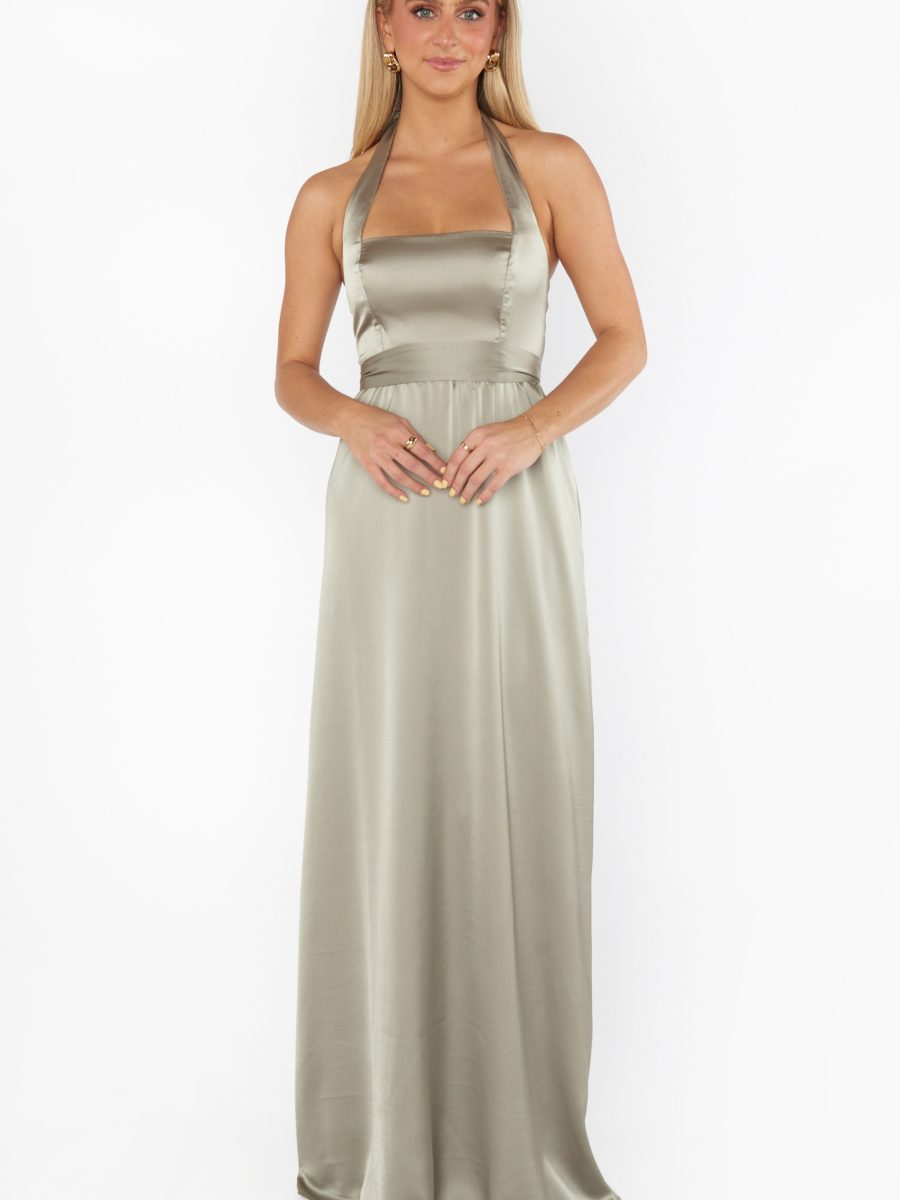 Hazel Halter Maxi Dress ~ Moss Green Luxe Satin