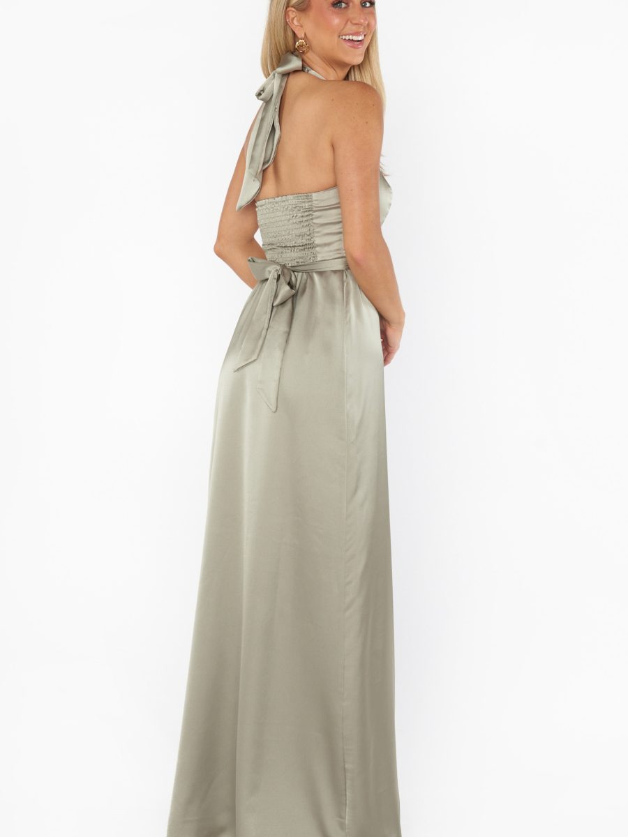 Hazel Halter Maxi Dress ~ Moss Green Luxe Satin