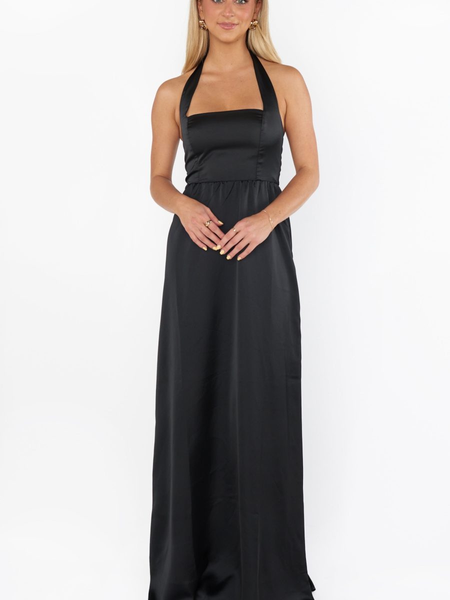 Hazel Halter Maxi Dress ~ Black Luxe Satin