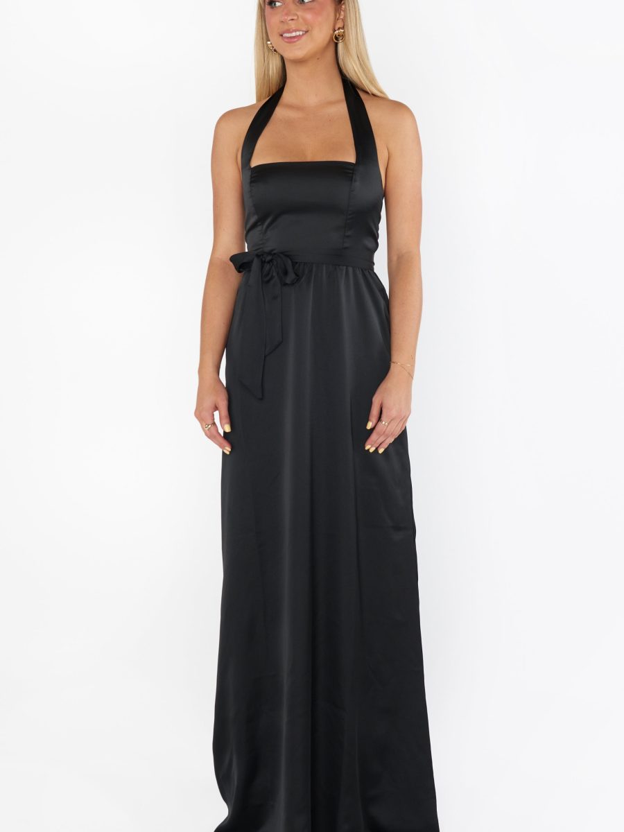 Hazel Halter Maxi Dress ~ Black Luxe Satin