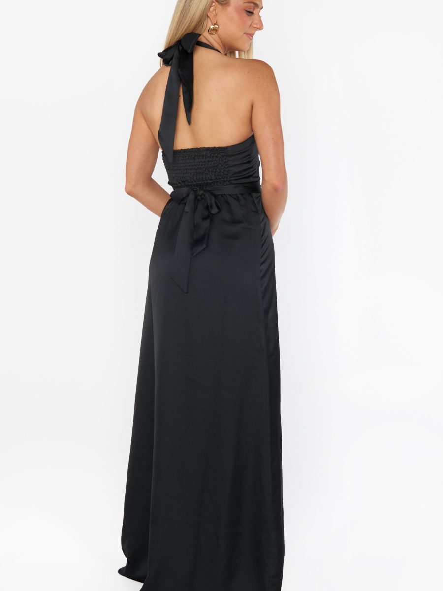 Hazel Halter Maxi Dress ~ Black Luxe Satin