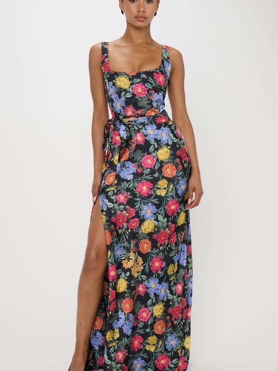 Lana Maxi Dress ~ Charm Peony Black Luxe Satin