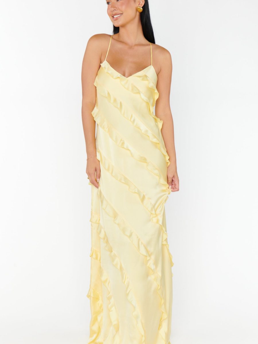 Romance Ruffle Dress ~ Pale Yellow Luxe Satin