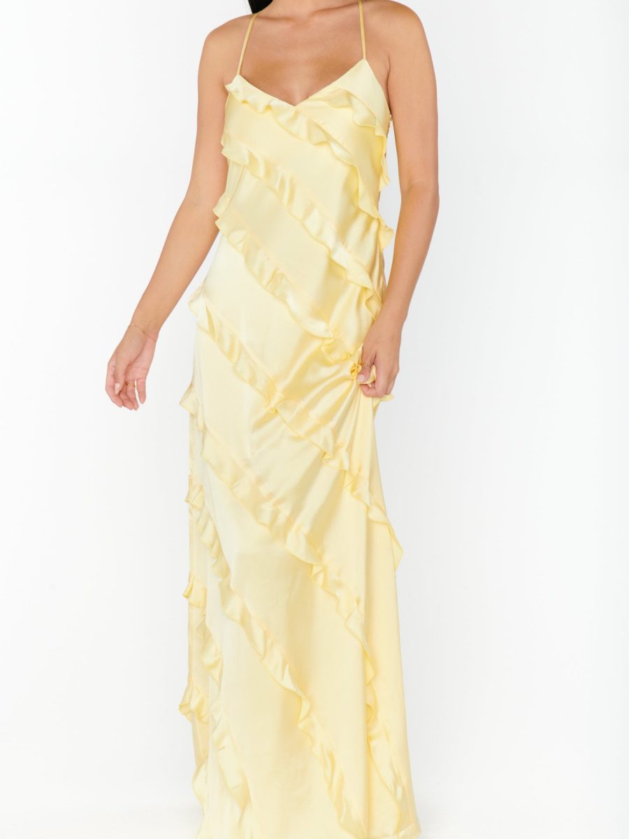 Romance Ruffle Dress ~ Pale Yellow Luxe Satin
