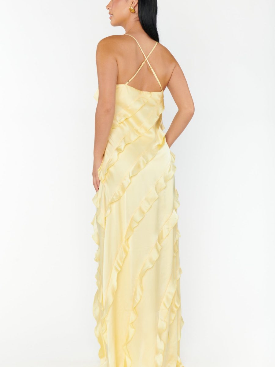 Romance Ruffle Dress ~ Pale Yellow Luxe Satin