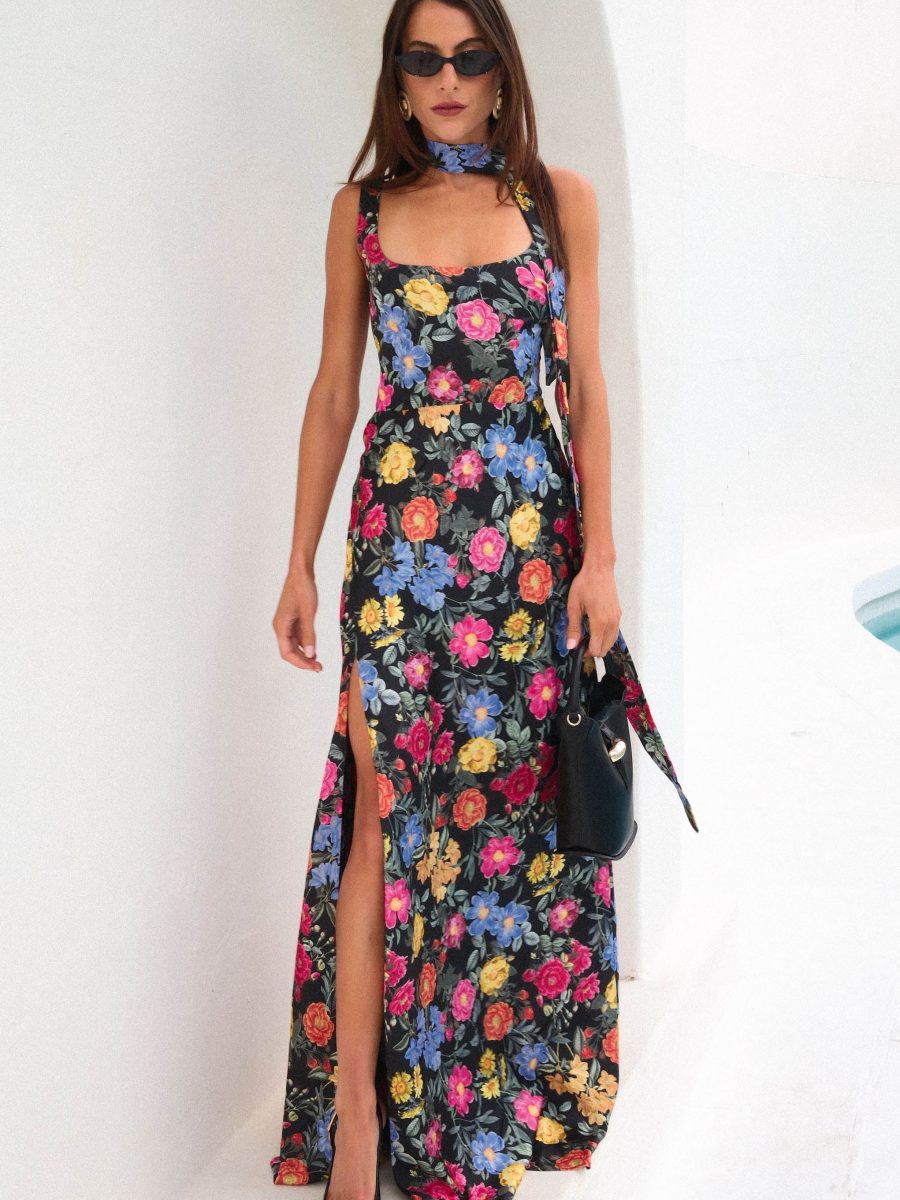 Lana Maxi Dress ~ Charm Peony Black Luxe Satin