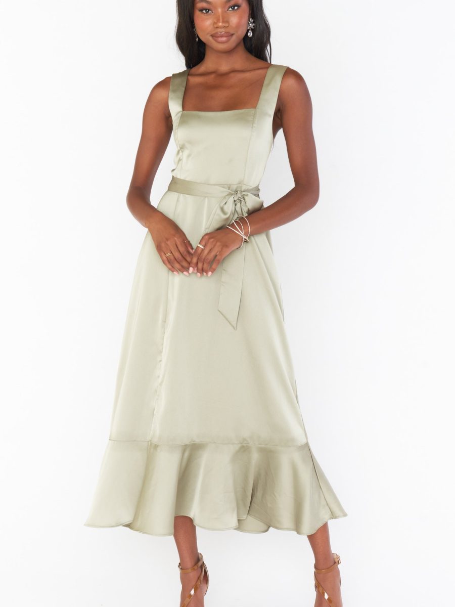 Claire Midi Dress ~ Moss Green Luxe Satin
