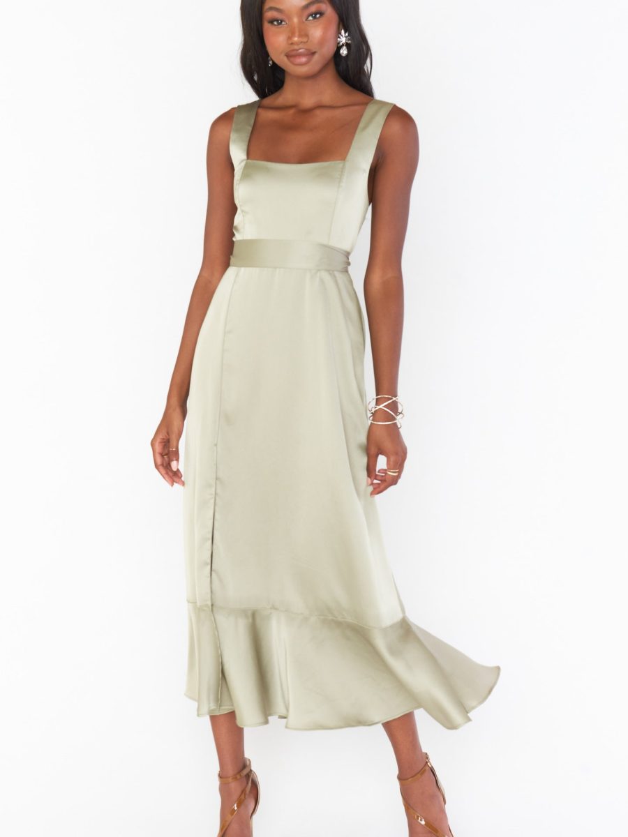 Claire Midi Dress ~ Moss Green Luxe Satin