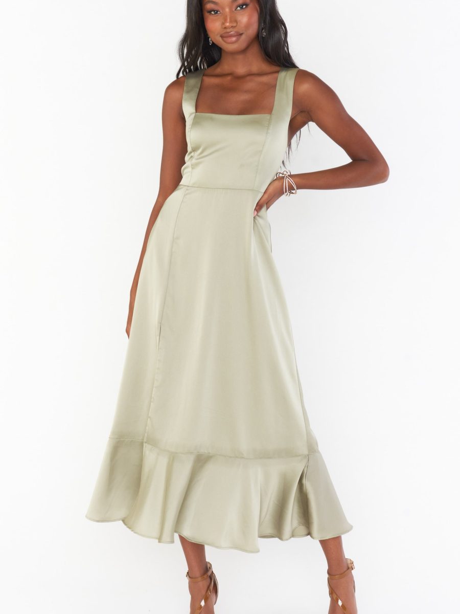 Claire Midi Dress ~ Moss Green Luxe Satin