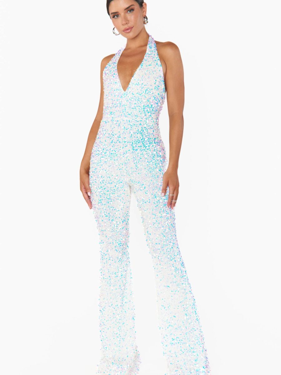 Studio Halter Jumpsuit ~ White Sparkle Sequins