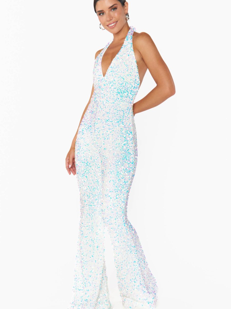Studio Halter Jumpsuit ~ White Sparkle Sequins