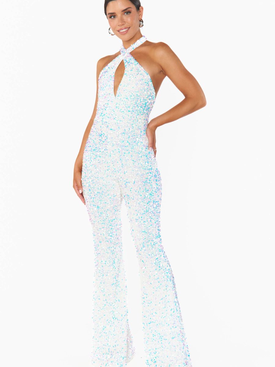 Studio Halter Jumpsuit ~ White Sparkle Sequins