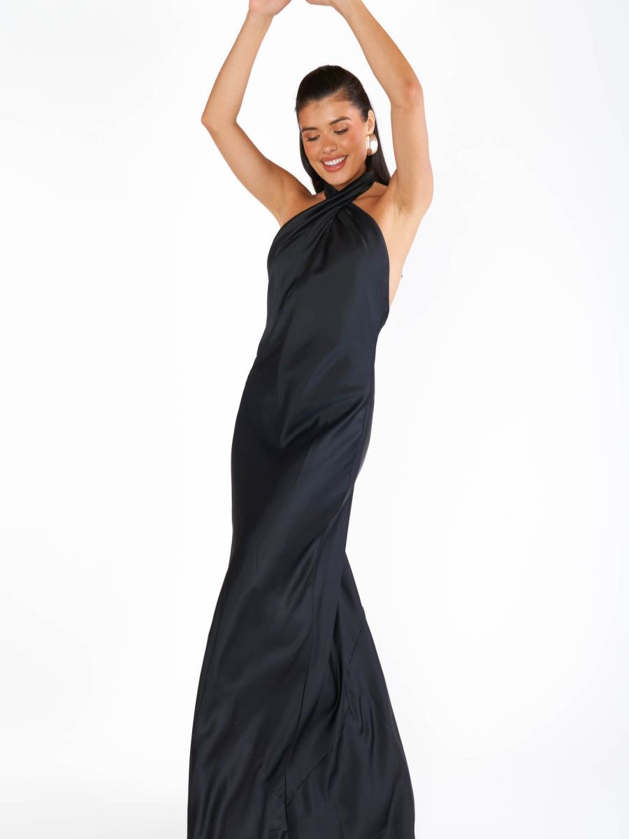 Jasmine Halter Maxi Dress ~ Black Luxe Satin