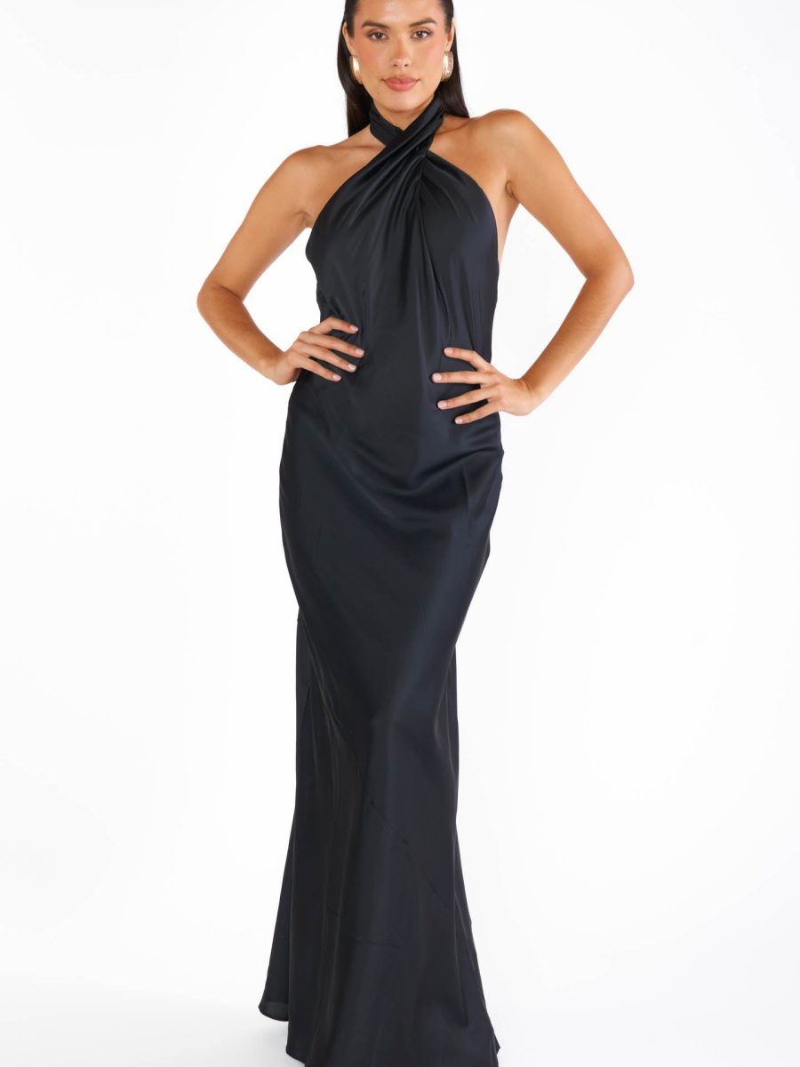 Jasmine Halter Maxi Dress ~ Black Luxe Satin