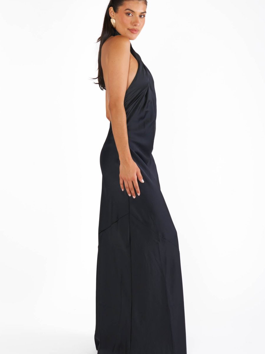Jasmine Halter Maxi Dress ~ Black Luxe Satin