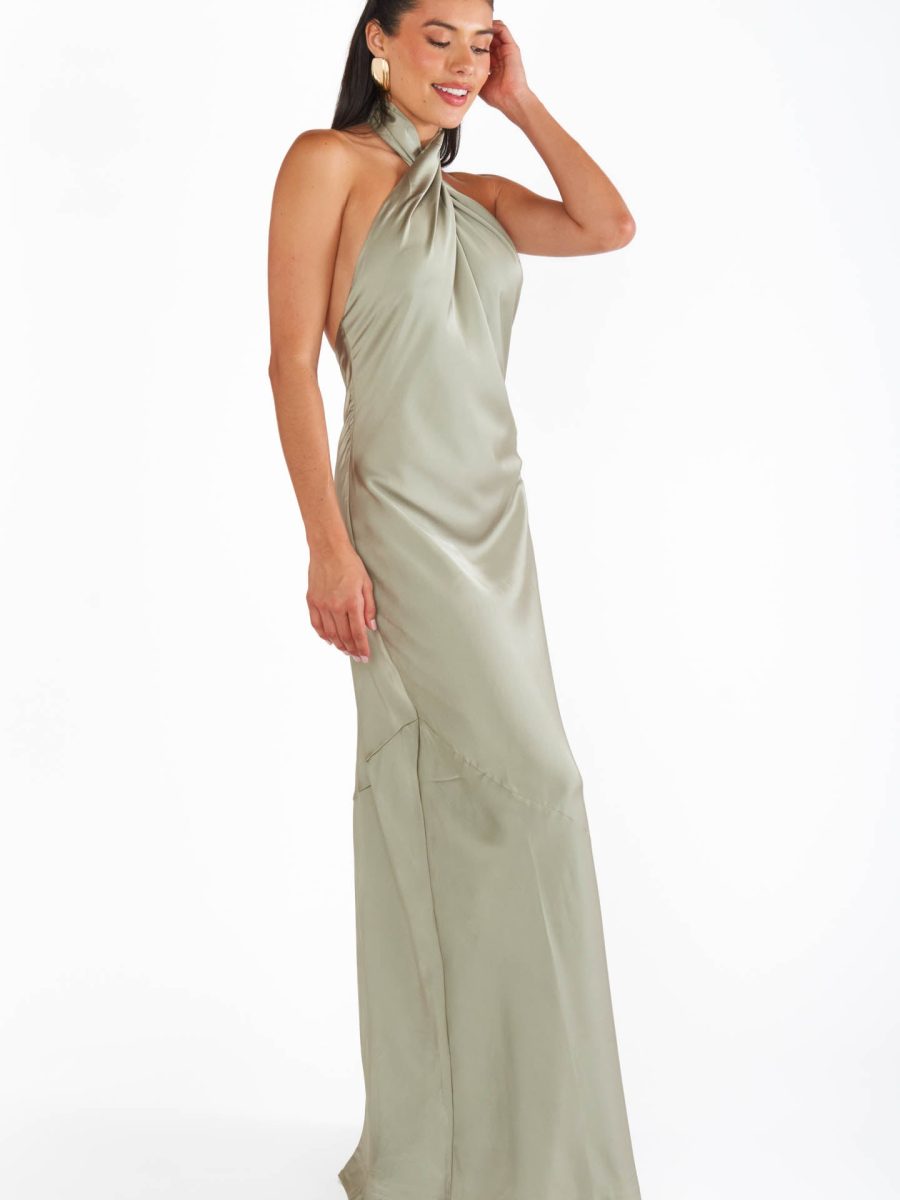 Jasmine Halter Maxi Dress ~ Moss Green Luxe Satin