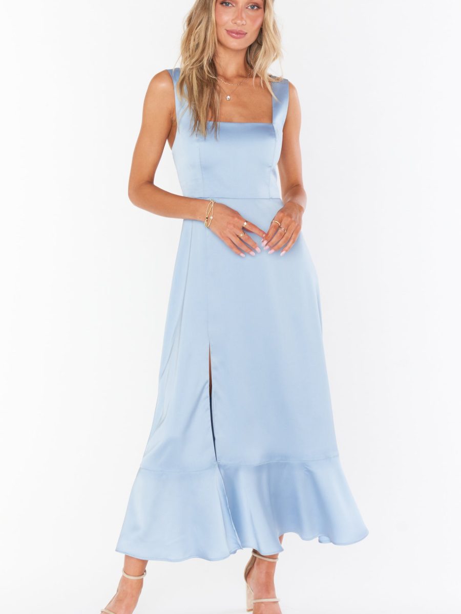 Claire Midi Dress ~ Steel Blue Luxe Satin