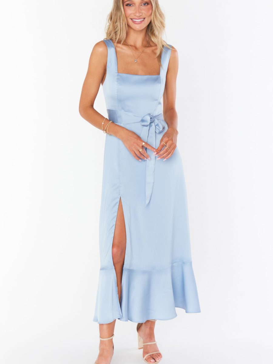 Claire Midi Dress ~ Steel Blue Luxe Satin