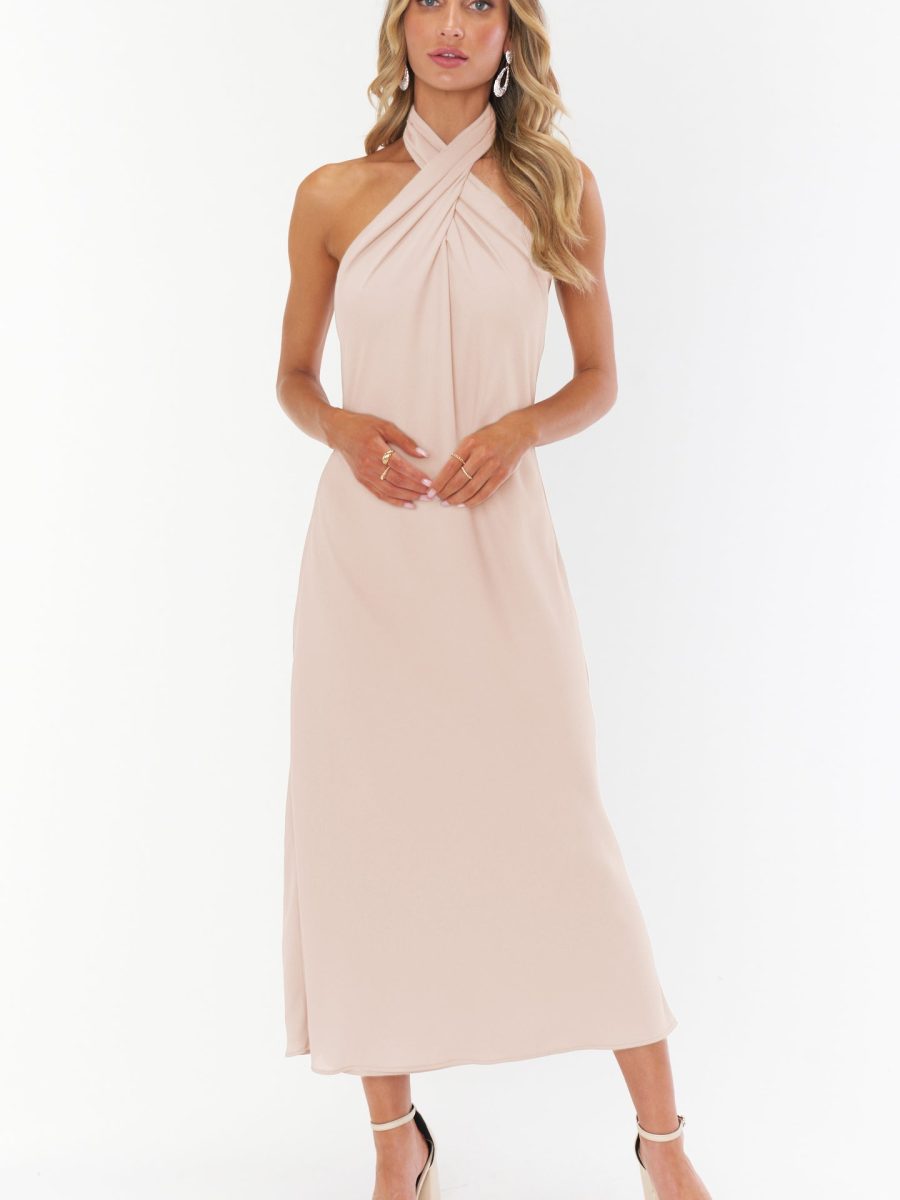Jasmine Halter Midi Dress ~ Dusty Blush Crisp