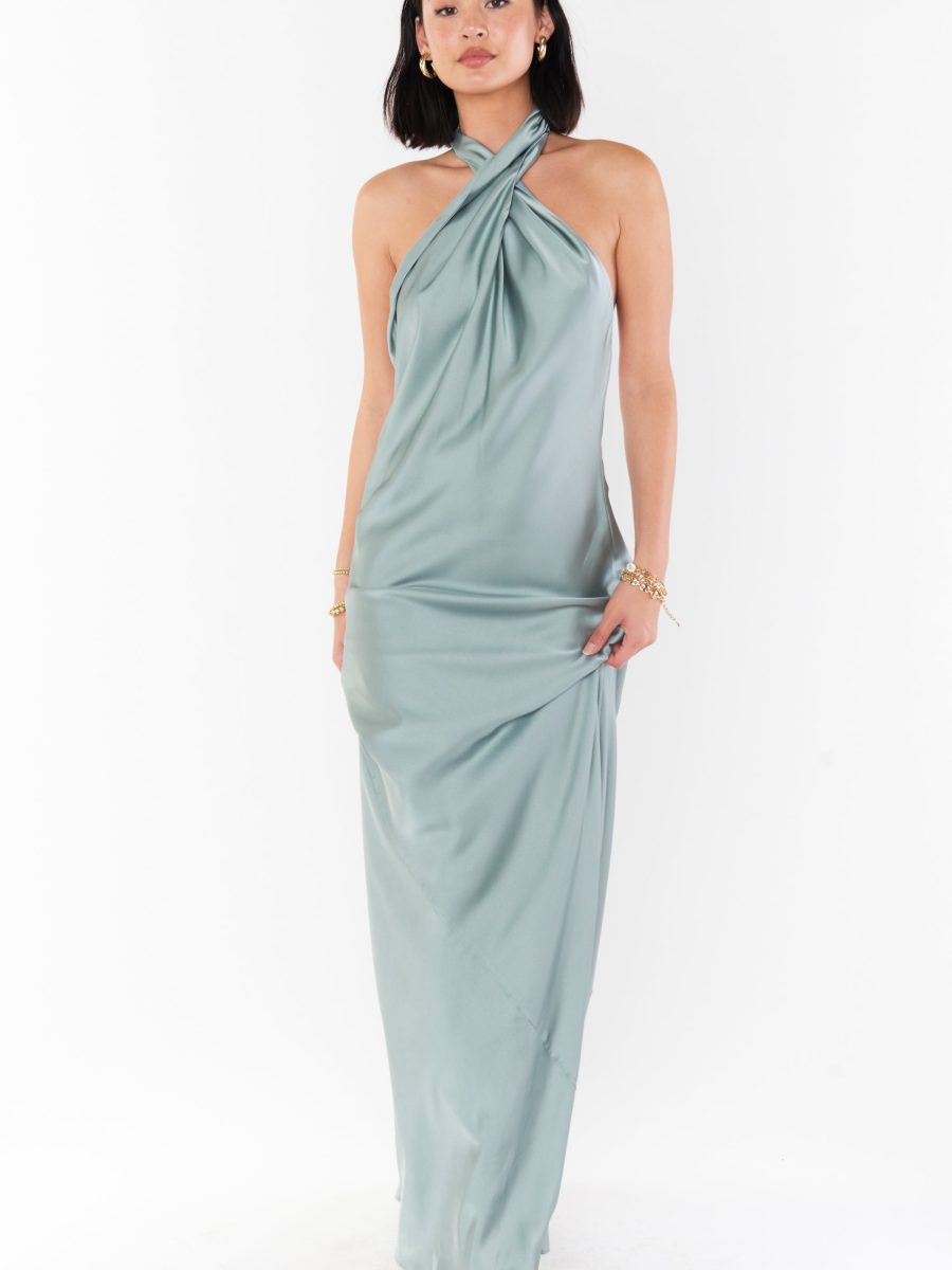 Jasmine Halter Maxi Dress ~ Silver Sage Luxe Satin