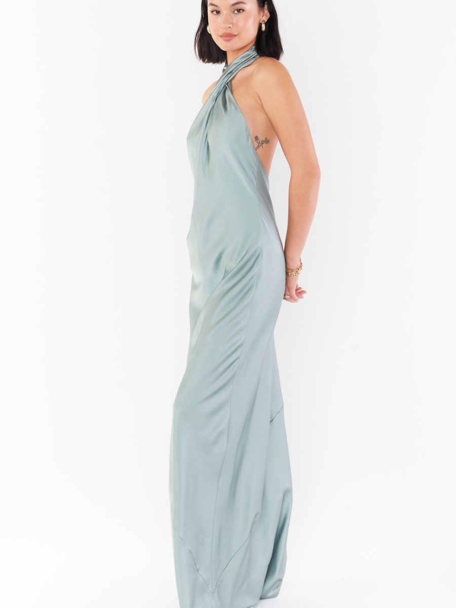 Jasmine Halter Maxi Dress ~ Silver Sage Luxe Satin