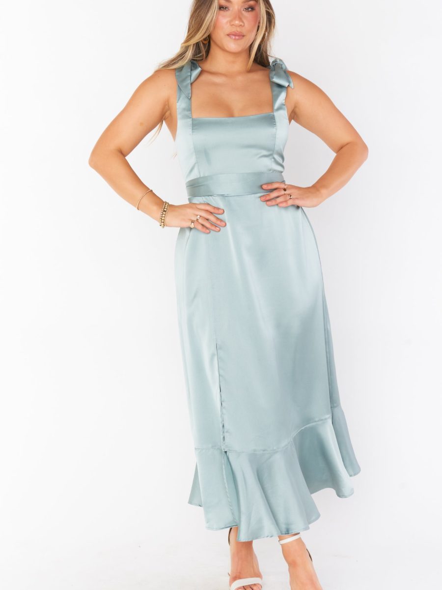 Claire Midi Dress ~ Silver Sage Luxe Satin