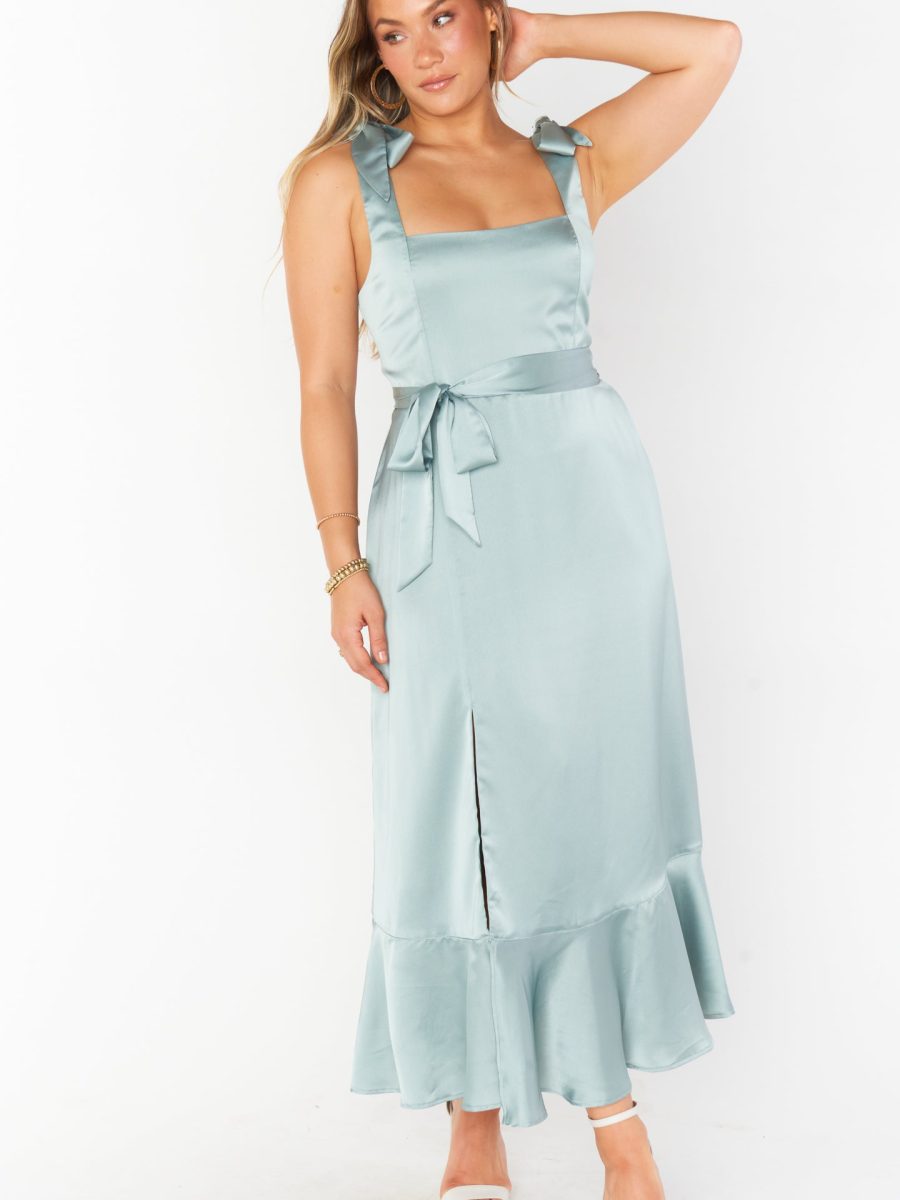 Claire Midi Dress ~ Silver Sage Luxe Satin