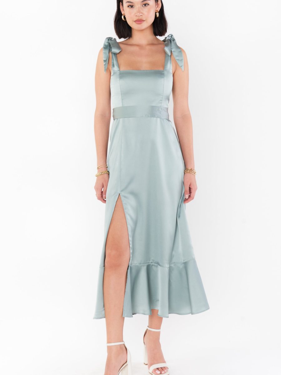 Claire Midi Dress ~ Silver Sage Luxe Satin