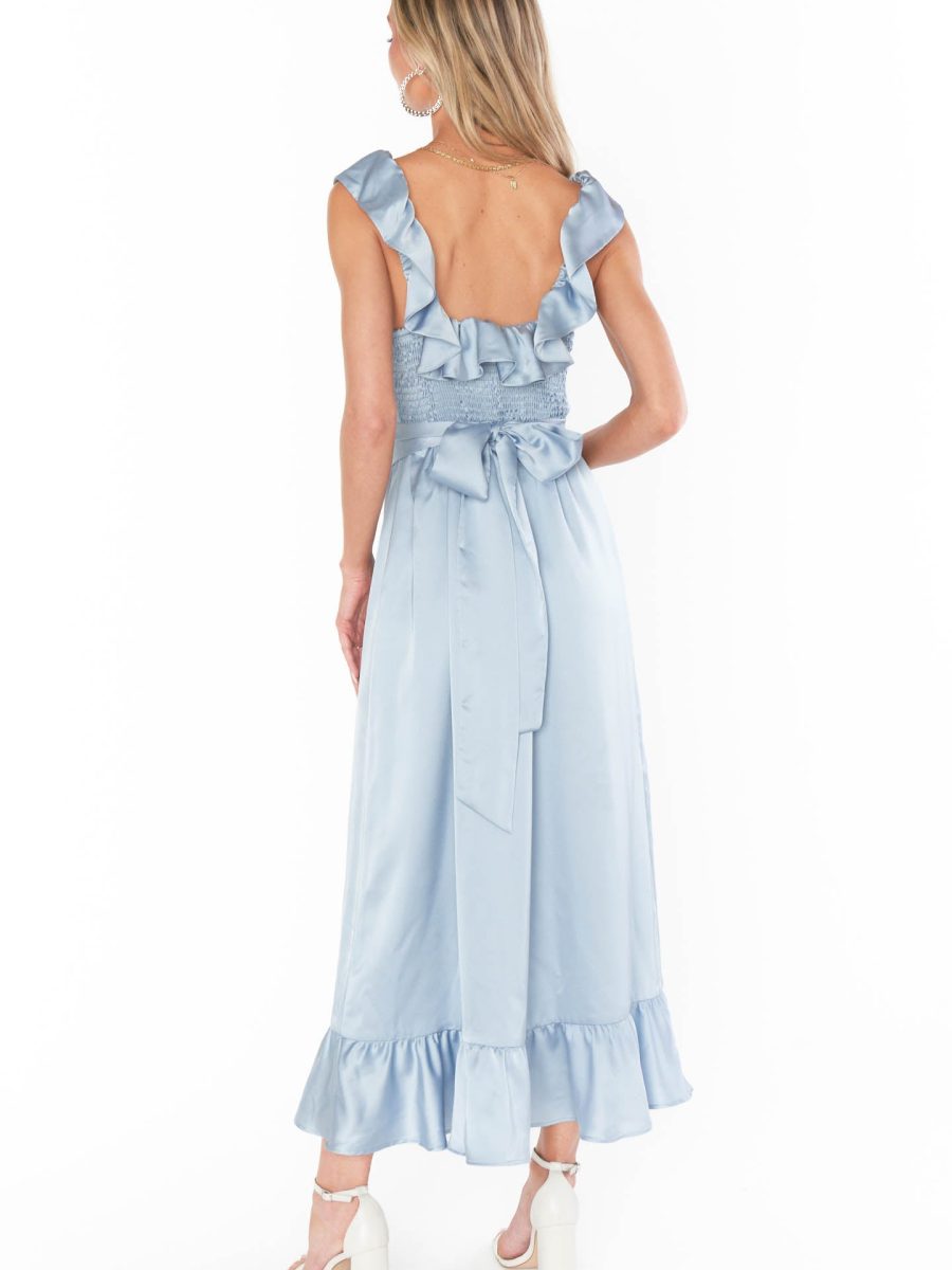 Alexis Midi Dress ~ Steel Blue Luxe Satin