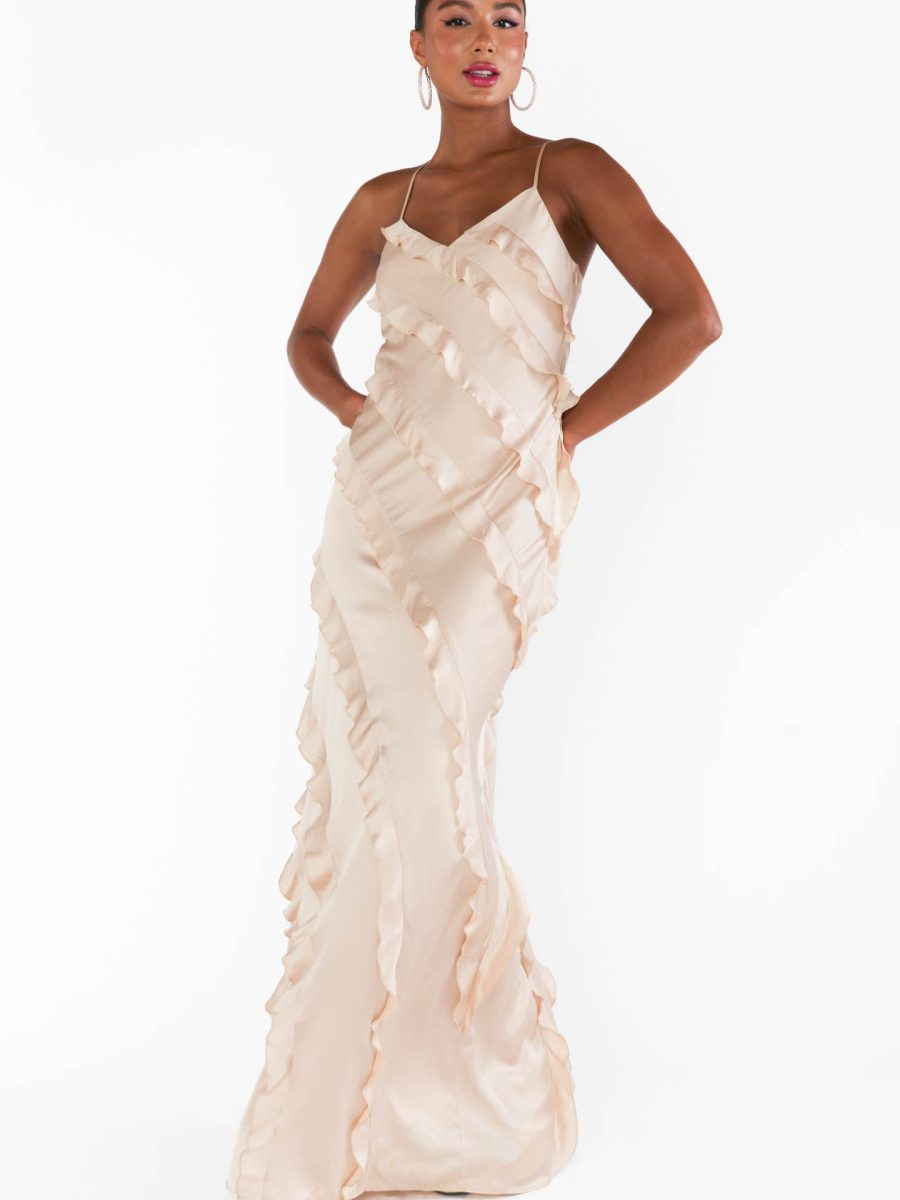 Romance Ruffle Dress ~ Champagne Luxe Satin