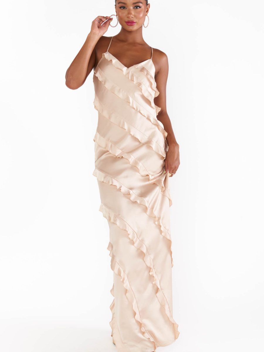 Romance Ruffle Dress ~ Champagne Luxe Satin