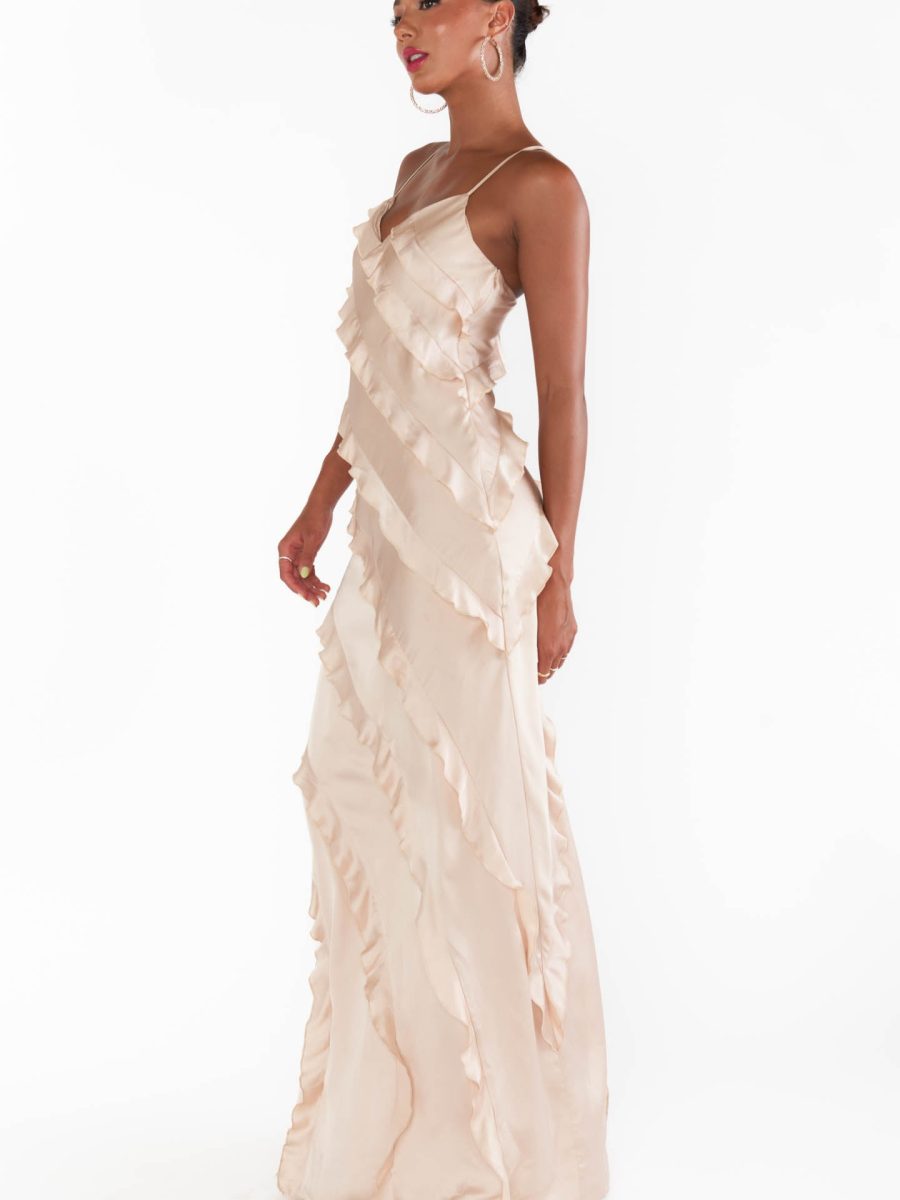 Romance Ruffle Dress ~ Champagne Luxe Satin