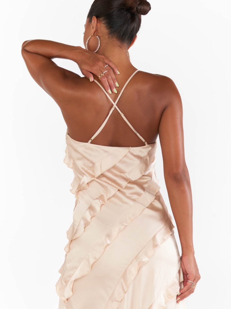 Romance Ruffle Dress ~ Champagne Luxe Satin