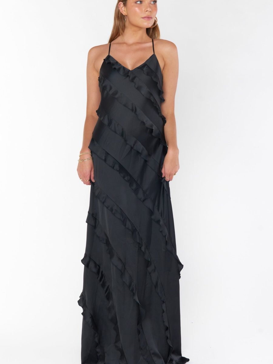 Romance Ruffle Dress ~ Black Luxe Satin
