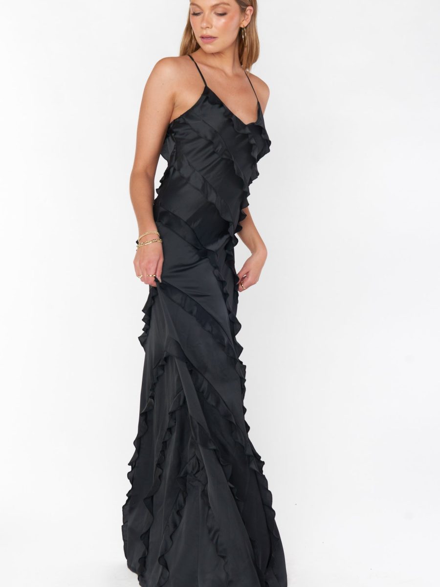 Romance Ruffle Dress ~ Black Luxe Satin