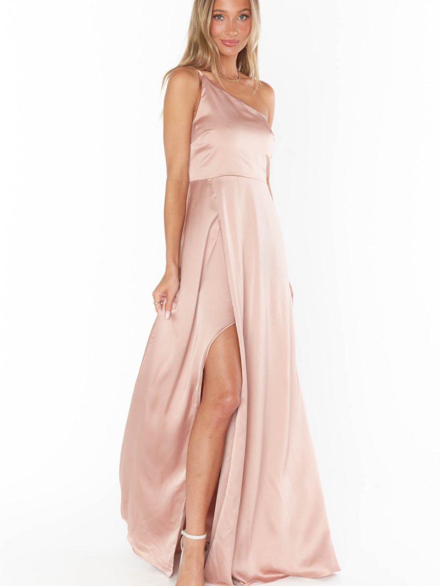 Shannon One Shoulder Dress ~ Rose Gold Luxe Satin