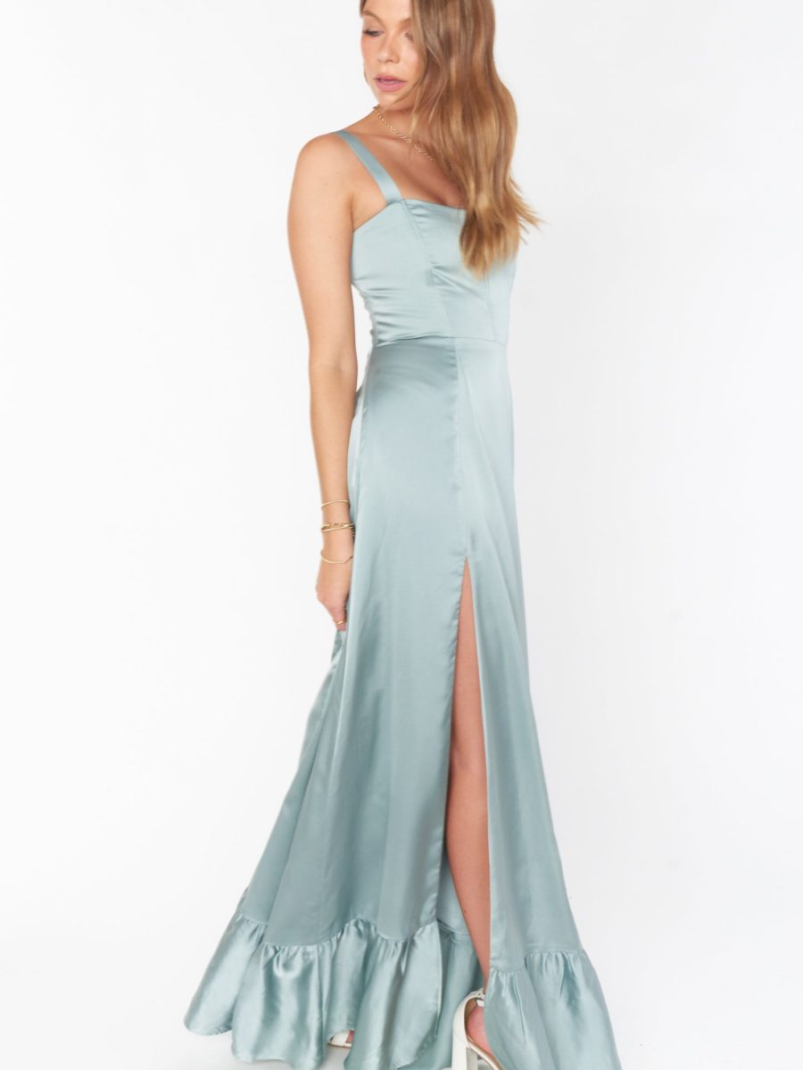 Clarissa Corset Dress ~ Silver Sage Luxe Satin