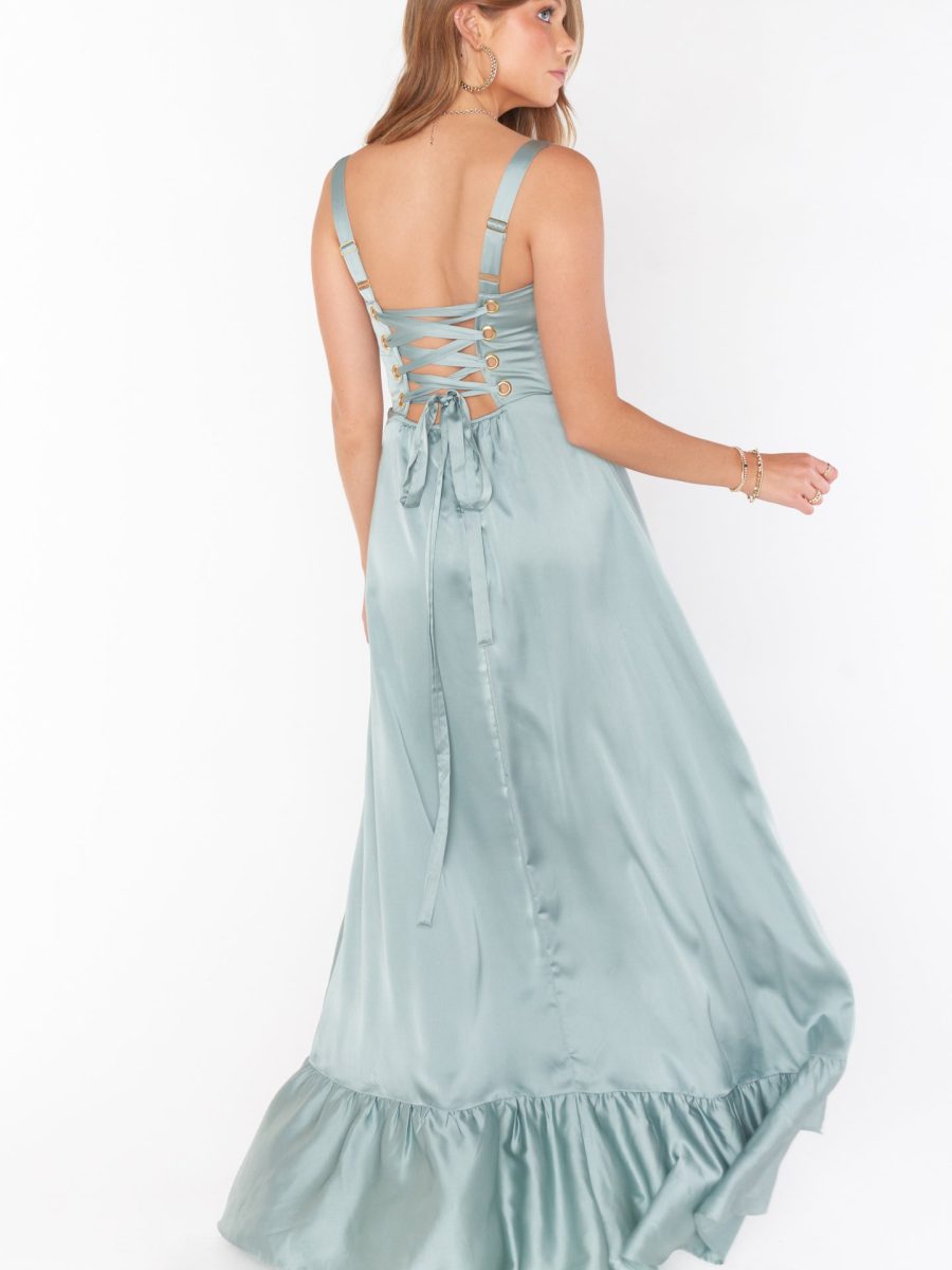 Clarissa Corset Dress ~ Silver Sage Luxe Satin