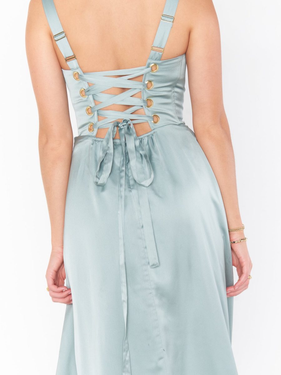 Clarissa Corset Dress ~ Silver Sage Luxe Satin