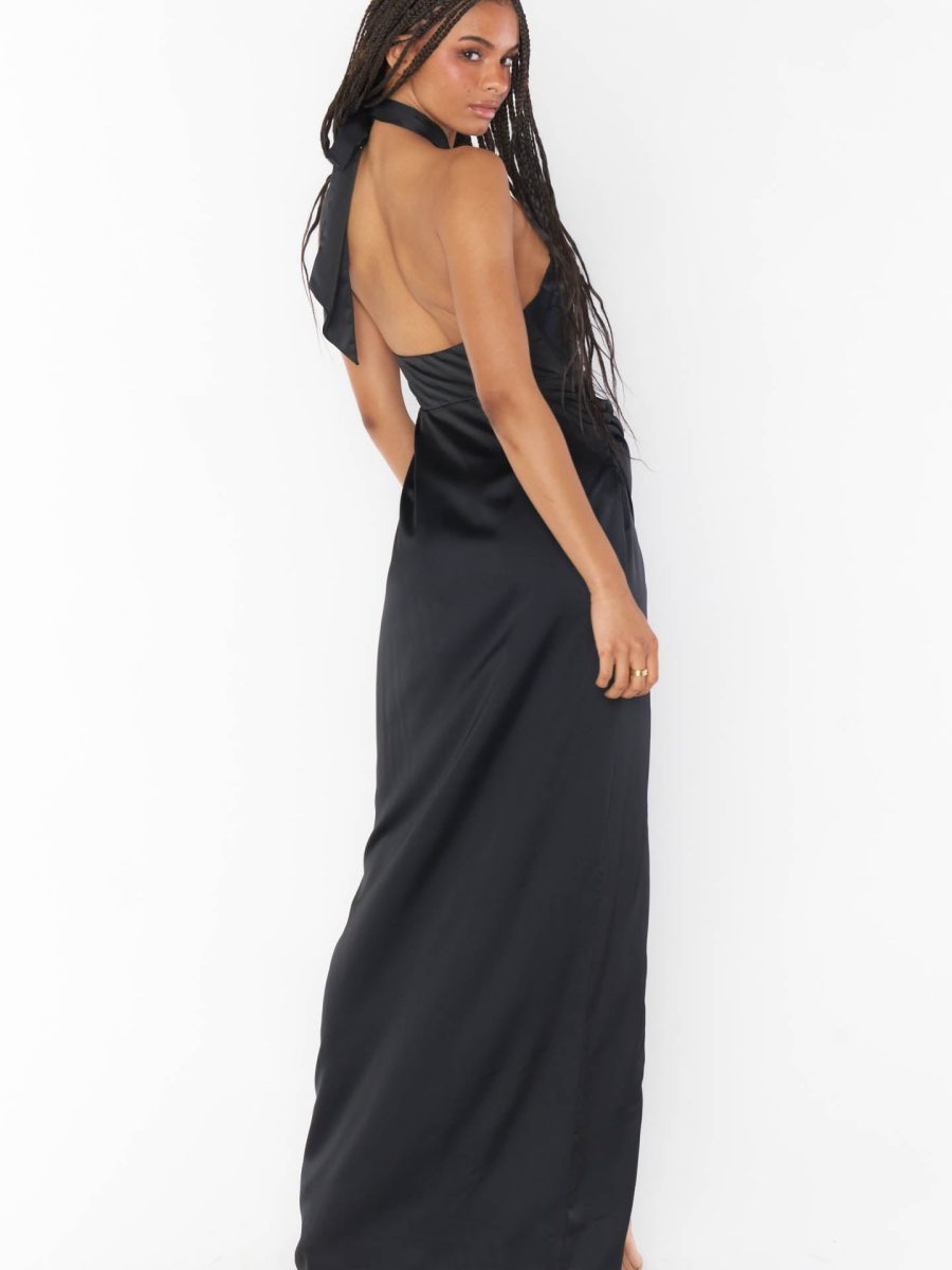 Adele Halter Maxi Dress ~ Black Luxe Satin