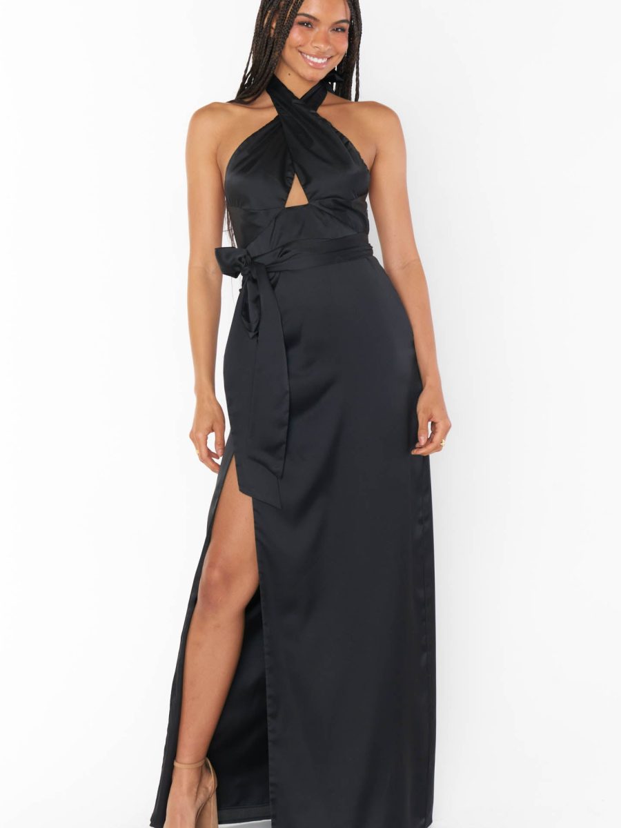 Adele Halter Maxi Dress ~ Black Luxe Satin